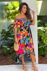 Black Printed Off Shoulder High Low Dress