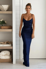 Navy Glitter Pleated Slit Maxi Dress