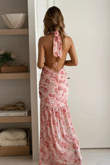 Pink Printed Deep Plunge Maxi Dress With Lace Trim