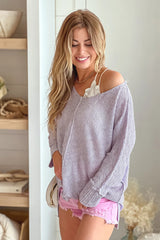 Lavender V Neck Knit Top With Long Sleeves