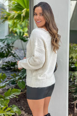Ivory Lace Trim V Neck Sweater