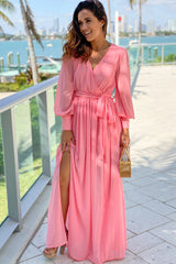 Salmon Maxi Dress With Long Sleeves And Slit