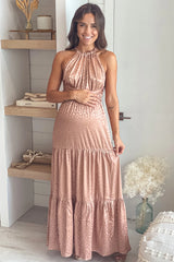 Champagne Animal Print Satin Maternity Maxi Dress