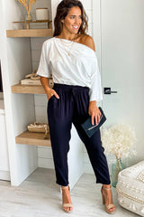 White And Black One Shoulder Jumpsuit With Pockets