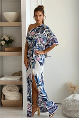 Multi Color Printed One Shoulder Maxi Dress With Slit