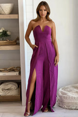 Magenta Strapless Jumpsuit With Slits