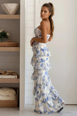 Blue Lace Floral Ruffled Maxi Dress