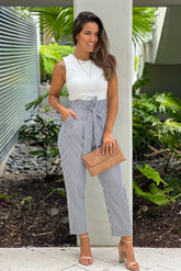Black Striped Jumpsuit With Tie Belt