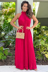 Burgundy Pleated Halter Neck Maxi Dress