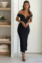 Black Ruched Off Shoulder Midi Dress