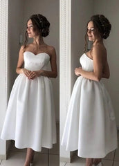 Short Satin Sweetheart Tea length Bridal Dress for Casual Wedding