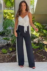 Off White And Black Front Tie Jumpsuit