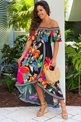 Black Printed Off Shoulder High Low Dress