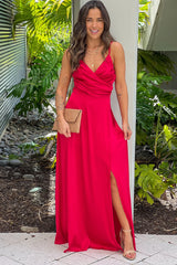 Red Satin Maxi Dress With Slit