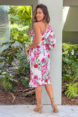 Ivory And Magenta One Shoulder Floral Dress