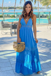 Blue Crochet Waist Maxi Dress