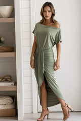 Olive Off Shoulder Ruched Dress