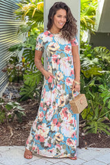 Sage Floral Maxi Dress With Short Sleeves And Pockets