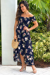 Navy Floral Smocked Top Off Shoulder High Low Dress