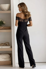 Black Lace Off Shoulder Knit Jumpsuit