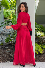 Burgundy Pleated V Neck Maxi Dress