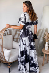 Black Tie Dye V Neck Maxi Dress With Slit