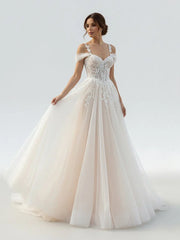 A Line Off The Shoulder Tulle Wedding Dresses With Appliques Lace