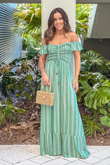 Green Striped Off Shoulder Maxi Dress