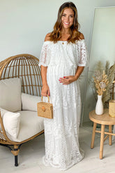 Off White Lace Off Shoulder Maternity Maxi Dress