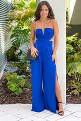 Royal Blue Jumpsuit With Cut Outs And Slits