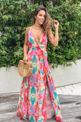 Red Multi Color Maxi Dress With Slits