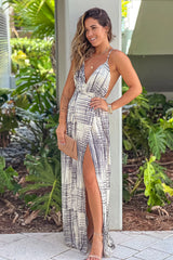 Black And White Printed Halter Neck Maxi Dress With Slit