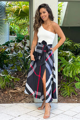 Black Printed One Shoulder Midi Dress With Pockets