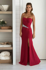 Red Maxi Dress With Rhinestone Waist Detail And Slit