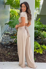 Dusty Taupe Criss Cross Crop Top And Pants Set