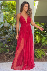 Red Sequin Striped Tulle Maxi Dress