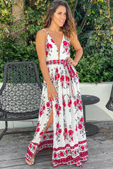 Ivory and Red Floral Maxi Dress With Waist Tie