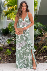 Mint Printed Maxi Dress With Lace Detail