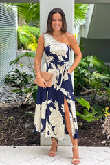 Navy And White Printed One Shoulder Dress