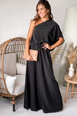 Black One Shoulder 3 4 Sleeves Maxi Dress
