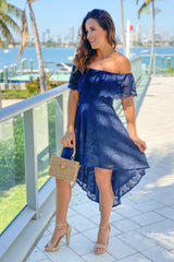 Navy Lace Off Shoulder High Low Dress
