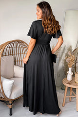 Black V Neck Maxi Dress With Short Sleeves