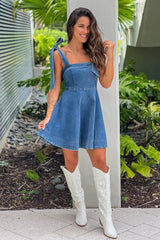 Denim A Line Short Dress With Tie Straps