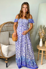 Blue Floral Off Shoulder Maternity Maxi Dress