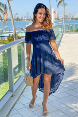 Navy Lace Off Shoulder High Low Dress