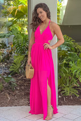 Fuchsia Maxi Dress With Slits And Double Tie Back