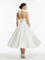 White A Line Halter Sleeveless Tea Length Satin Bridal Gowns With Bows Pleats