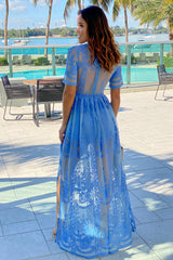 Blue Lace Maxi Romper with Sleeves and Slits