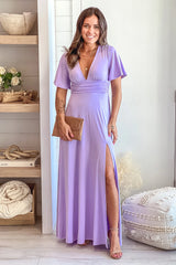 Violet Maxi Dress With Slit And Short Sleeves