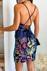 Black Iridescent Short Dress With Criss Cross Back